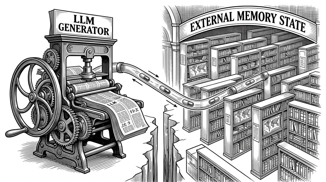 Two distinct landmasses separated by a chasm. A traditional printing press on the left connects to a sprawling library on the right via a sleek pneumatic tube system. This illustrates how the Model Context Protocol bridges the LLM reasoning engine with external memory state.