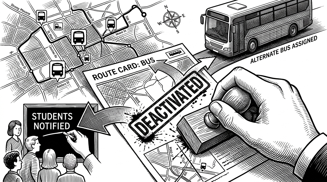 An admin hand stamps a route card as deactivated, then the card splits into two paths: one for an alternate bus assignment and one for student notification. The image explains that service interruption is treated as an operational workflow, not a dead end.