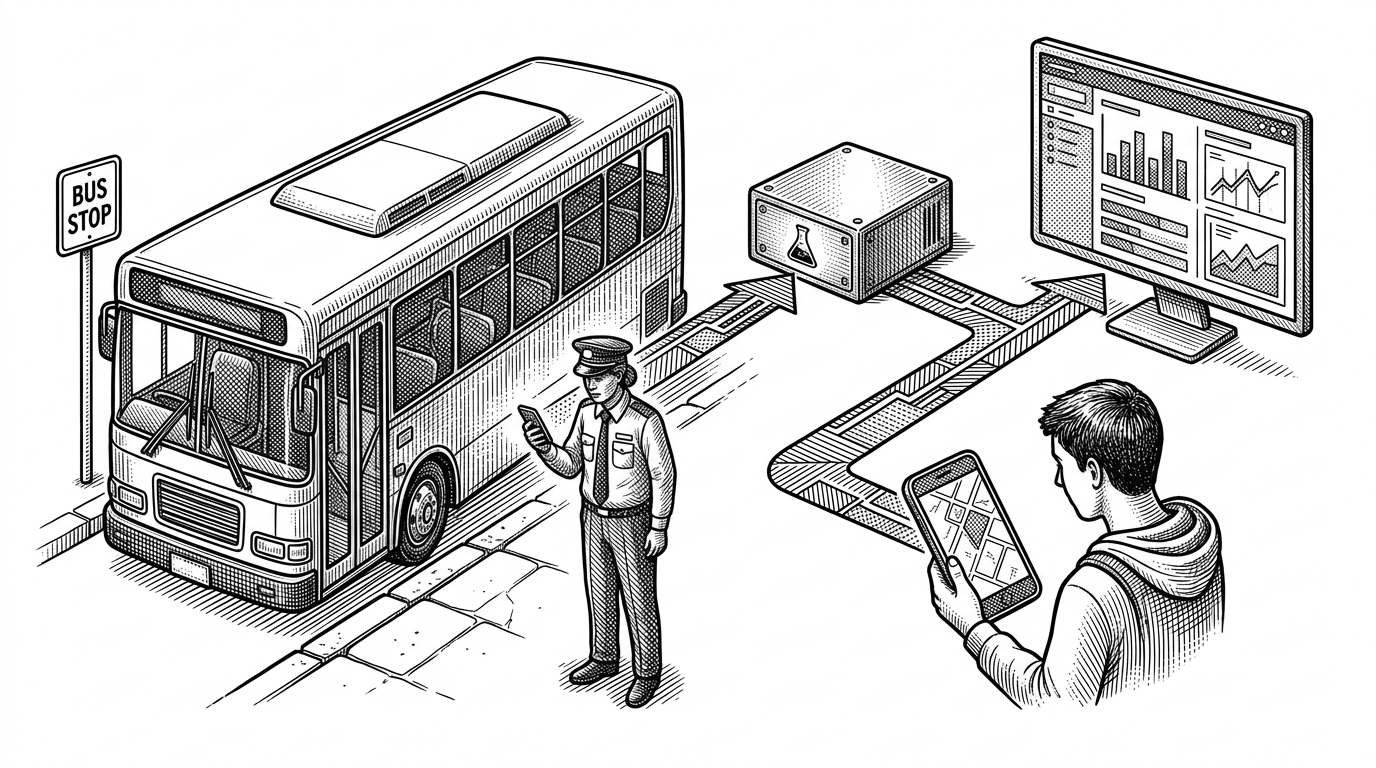 A campus bus sits at the curb while a smartphone browser sends a signal stream to a small server box, which then branches toward a student map screen and an admin console. The image explains how the driver phone becomes the tracking device and how one live signal supports both rider visibility and operational control.