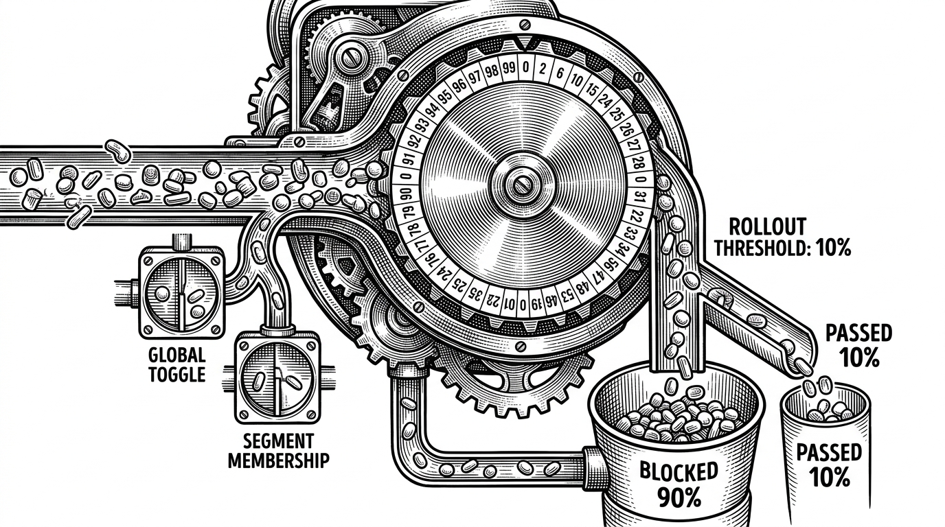 A close-up machine sorts a user ID and feature key through a hash wheel labeled 0 to 99, then a gate opens only for buckets under a rollout threshold. It explains how percentage rollout can stay consistent without saving assignment state.