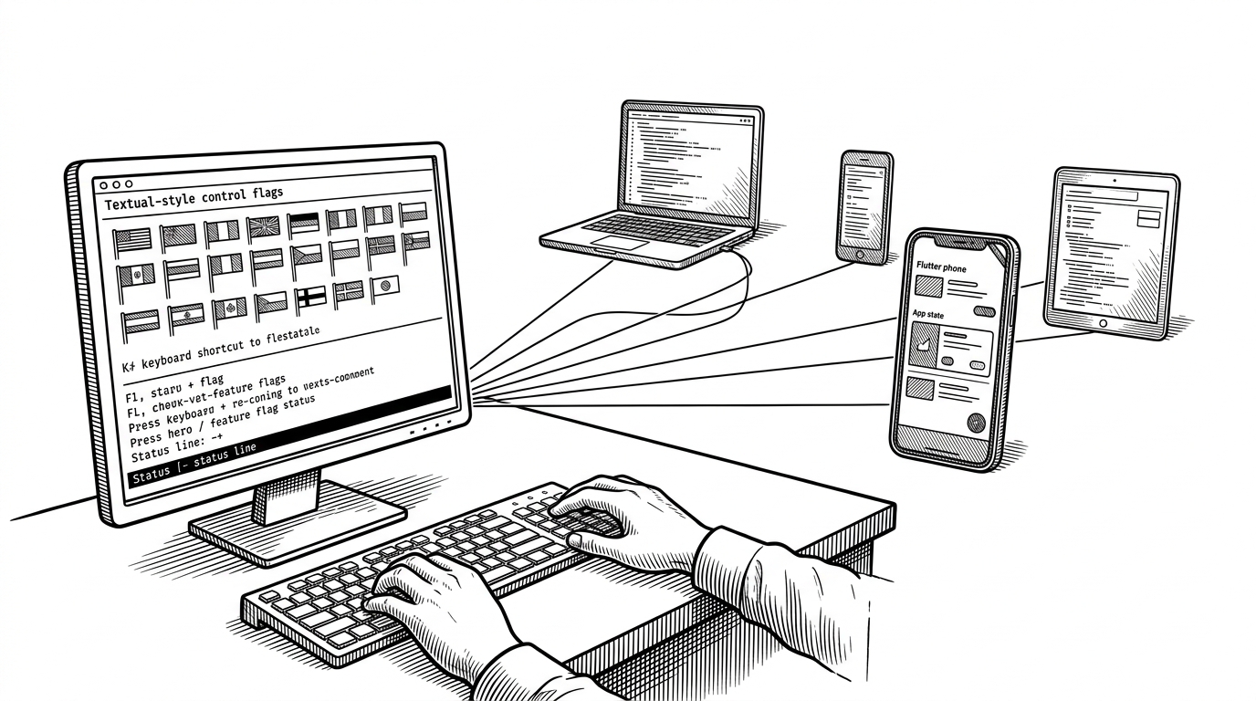A terminal operator sits at the center of a small control room while flag state fans out through thin network lines to multiple clients, including a phone app. It shows feature management as infrastructure control, not a browser dashboard.