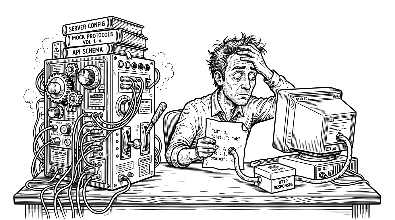 A stressed developer sits at a desk with a single JSON sheet in one hand and a browser window in the other. A huge mock-server machine with too many knobs looms on one side, while a tiny box marked as a quick API generator quietly starts serving requests on the other. The scene explains the project’s thesis: emergency simplicity beats overbuilt setup when time is scarce.