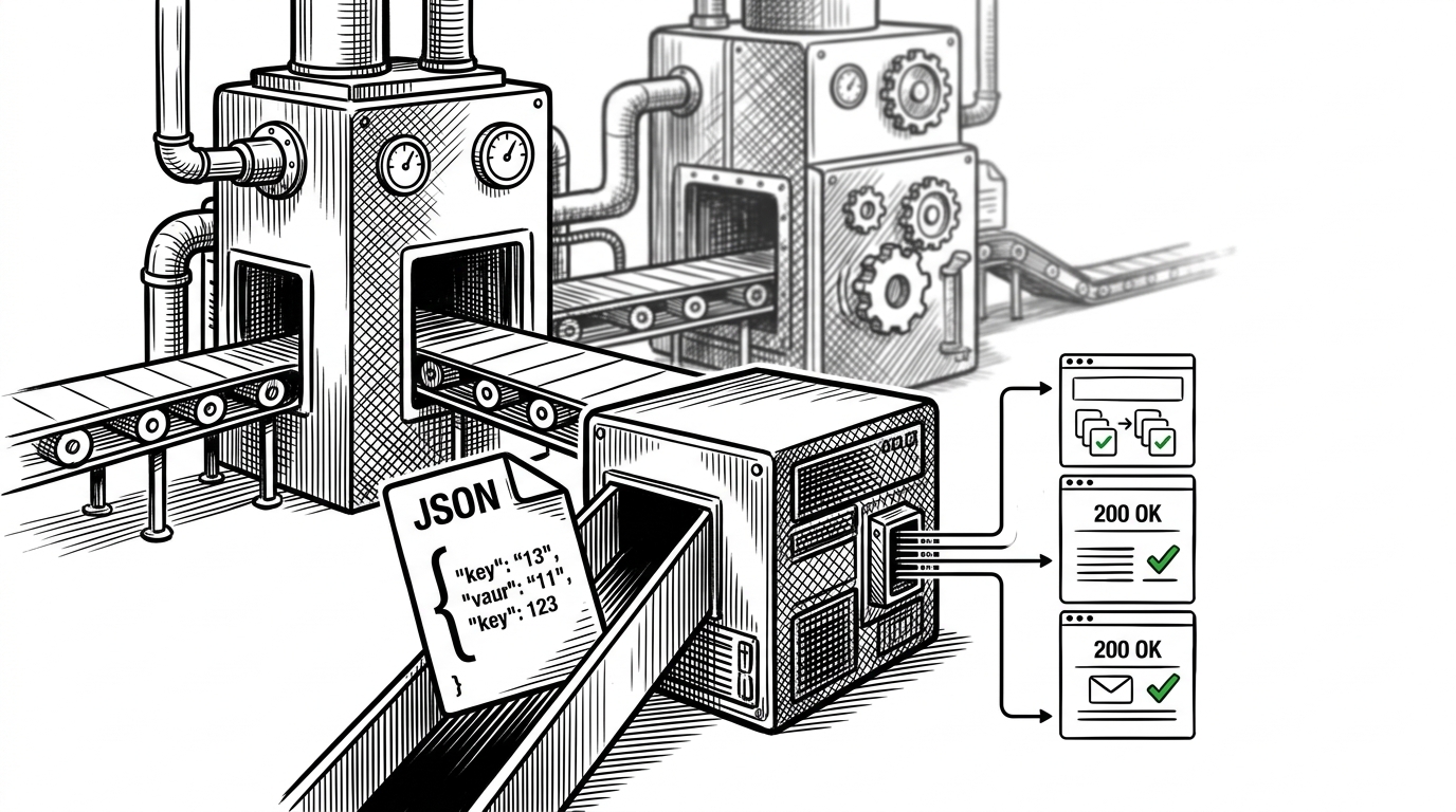 A narrow pipeline takes a JSON file on the left, compresses it through a small server box in the middle, and fans it out into multiple HTTP endpoints on the right. In the background, larger factory machines for manual backend work sit unused. The image explains how one small input can replace a longer backend setup.