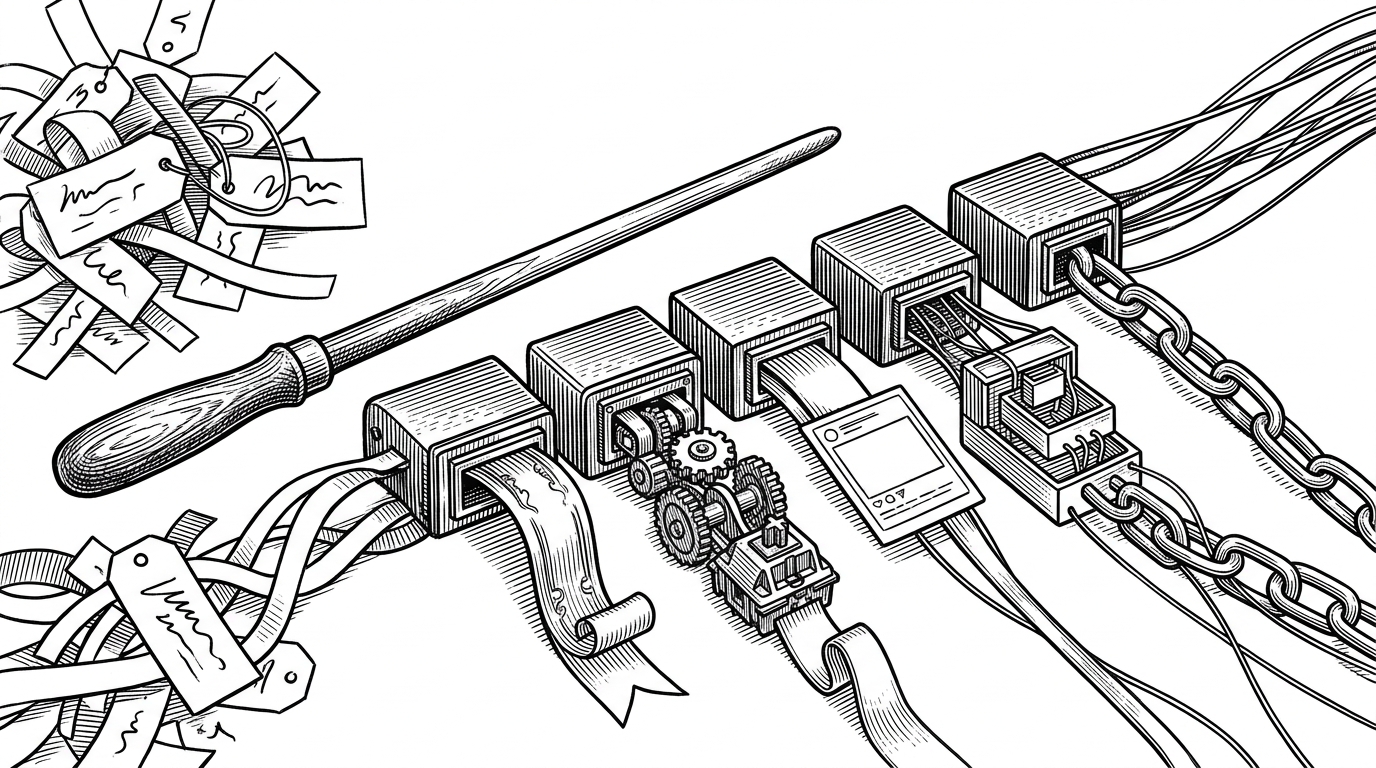 A close mechanical scene shows a conductor-like baton pointing to separate engraved modules that each produce one piece of head output. One side is tangled with overlapping tags, while the other is a neat line of specialists feeding a single stream. It explains how TSF coordinates many small generators into one ordered result.