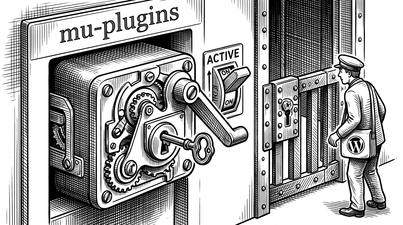 A close-up of a mechanical lockbox inside the mu-plugins folder. A WordPress.org courier is blocked at the gate while a hidden key inside the box flips a client-active switch back on. The image explains that Troy’s daemon enforces the presence of the client and blocks public update traffic when the client is disabled.