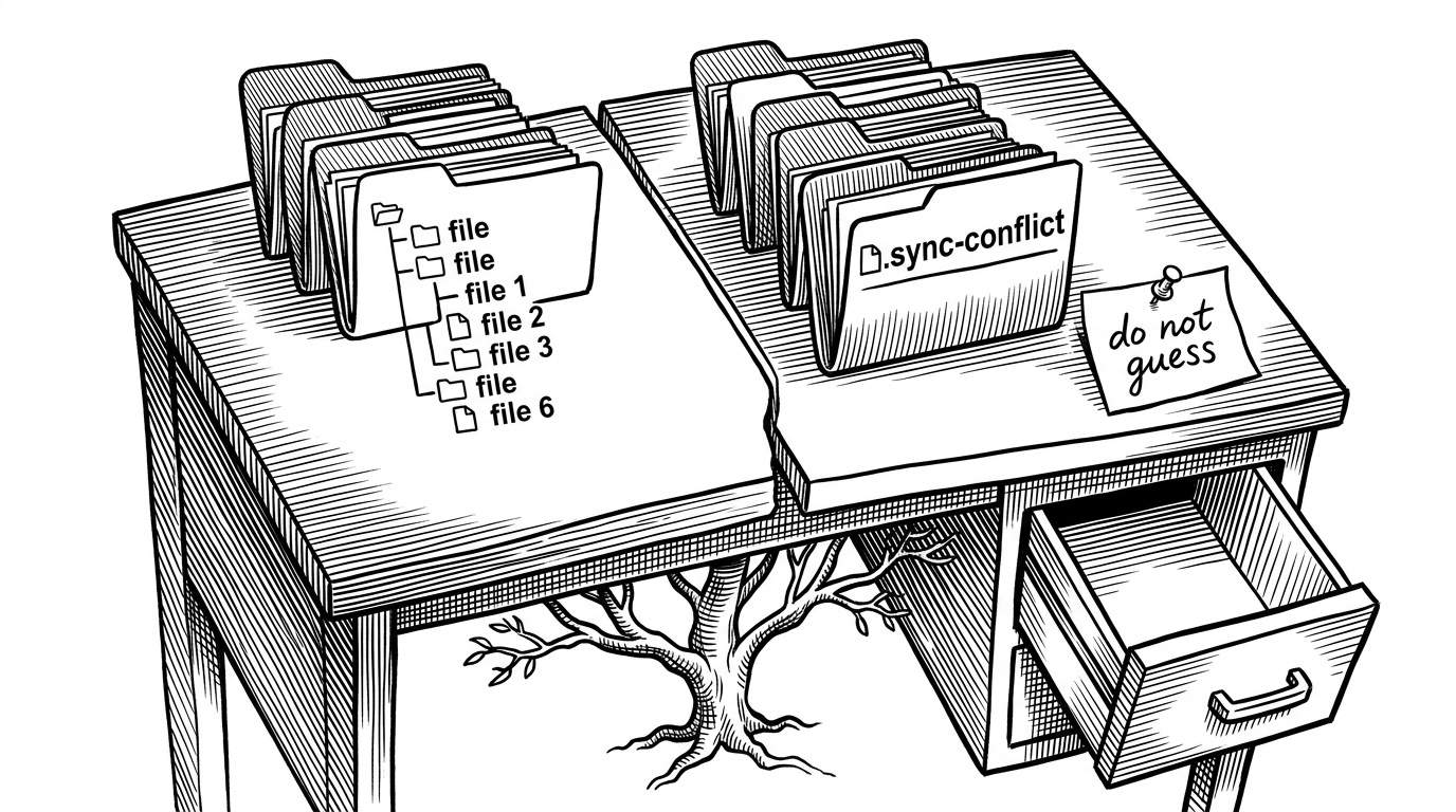 A split desk shows one clean folder tree on one side and a conflict file marked with a .sync-conflict suffix on the other. Beneath the desk, root-like supervisor branches keep the structure standing even after a drawer has fallen open, explaining both conflict preservation and process resilience.