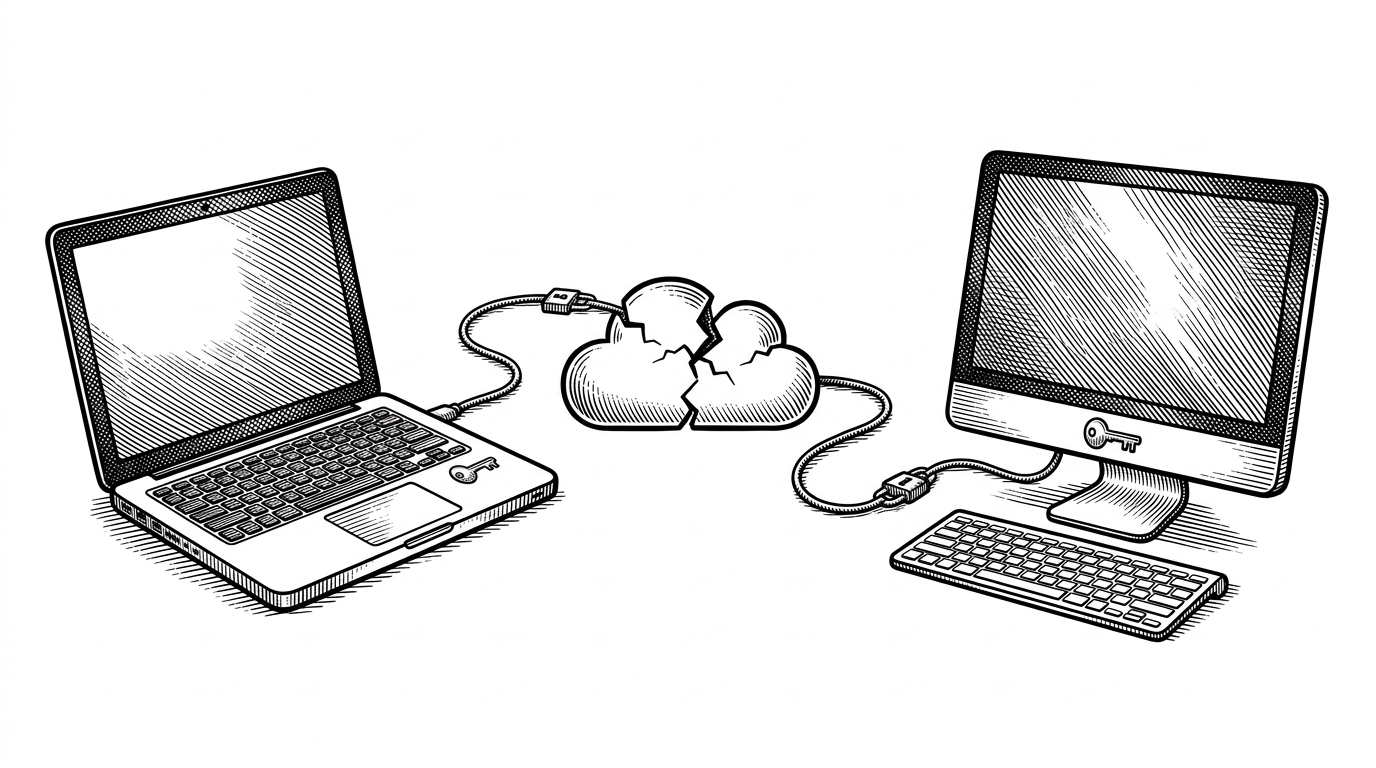 Two computers sit on opposite sides of a cracked cloud icon, linked by a taut encrypted line that runs around it instead of through it. The image explains Syncthing’s core idea: the endpoints establish trust and move data directly, while the cloud is reduced to a fallback shape in the middle.