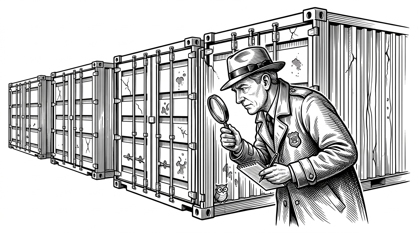 An inspector examining a series of identical shipping containers, finding subtle cracks and malformations in the standardization.