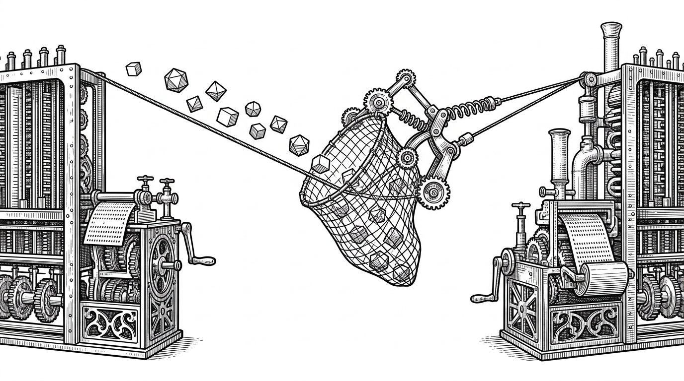 A mechanical net catching data packets flowing along a wire between two large machines.
