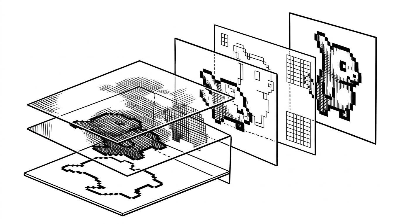 A close-up cross-section of a sprite being built from layered transparent sheets, with a base silhouette, shading passes, an undo snapshot, and a nearest-neighbor export step. It explains that DogSprite treats sprite creation as a controlled sequence of reversible operations.