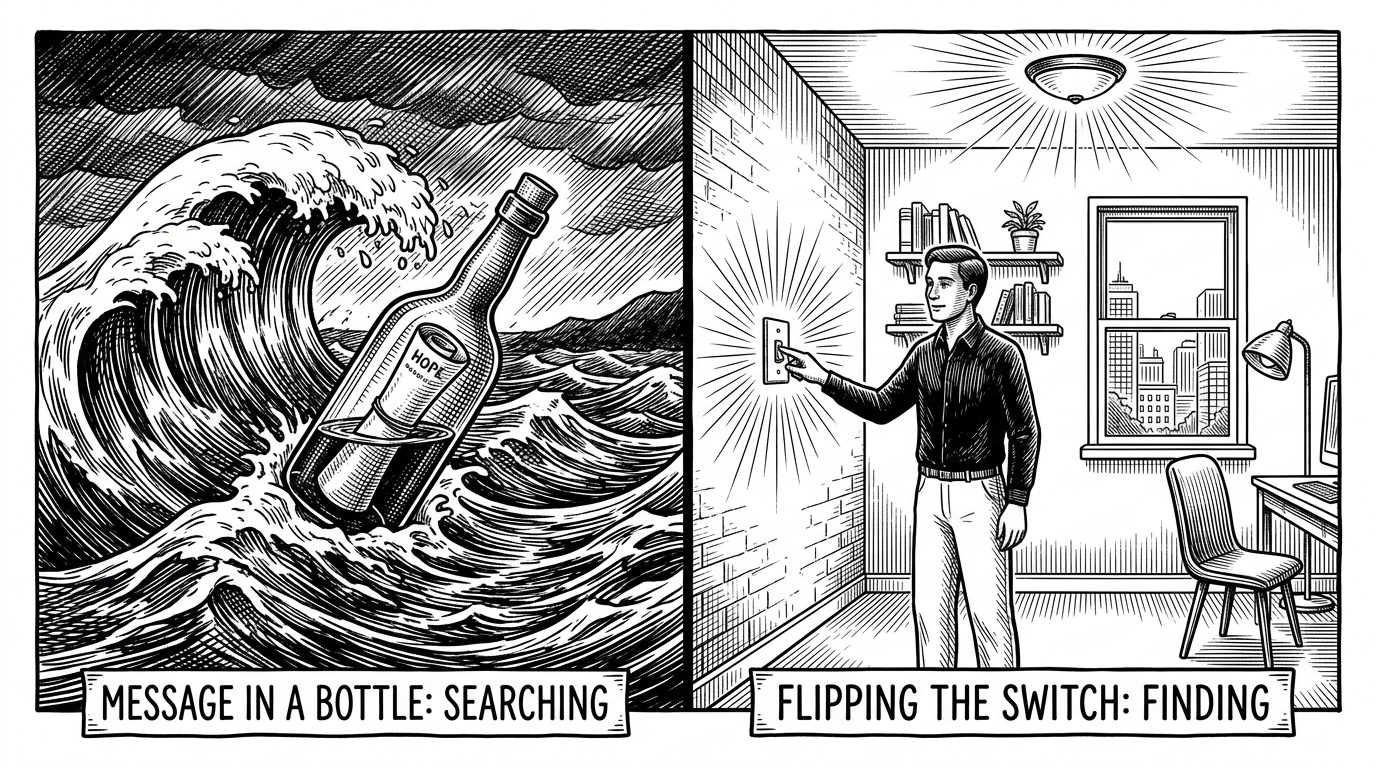 A split screen illustration. On the left, a message in a bottle is tossed into a vast, turbulent ocean. On the right, a person simply flips a light switch in a room that is already illuminated.