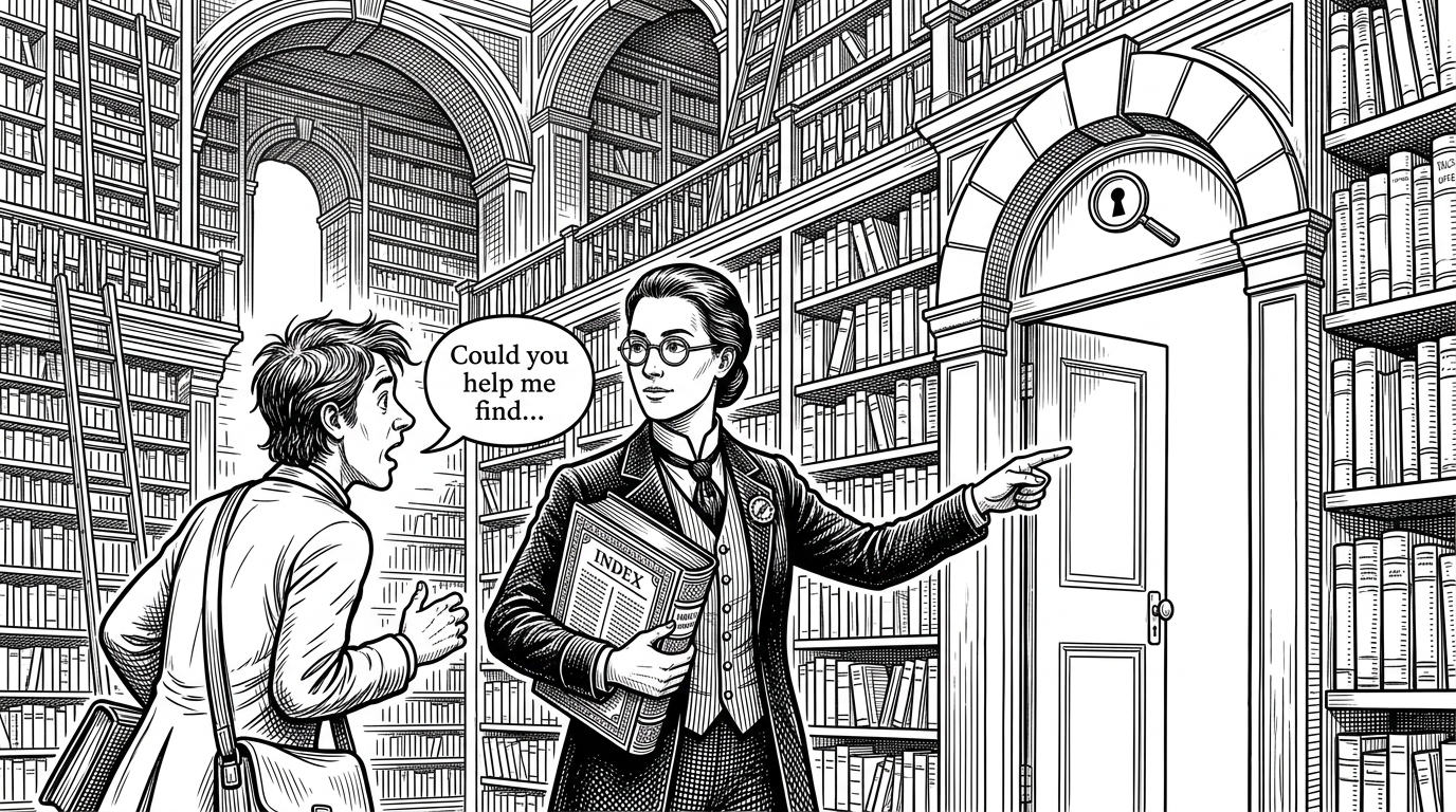 A heavily crosshatched ink illustration of a librarian holding a massive index book, pointing a reader directly to an exit door without needing to consult a central desk.