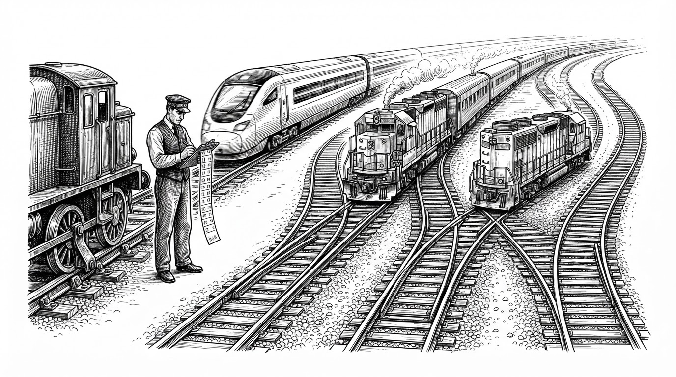 A wide editorial engraving of a railway switchyard at night. Six parallel tracks curve through the yard, and most locomotives switch freely between them. One locomotive at the left is bolted to a single straight track with heavy iron brackets, its wheels locked to the rails. A signalman stands beside it with a clipboard, copying a timetable from an express train passing mid-journey. The scene stands for AWDL's channel-hopping schedule and the fixed-radio workaround that follows one peer's timetable instead of the sync master's.