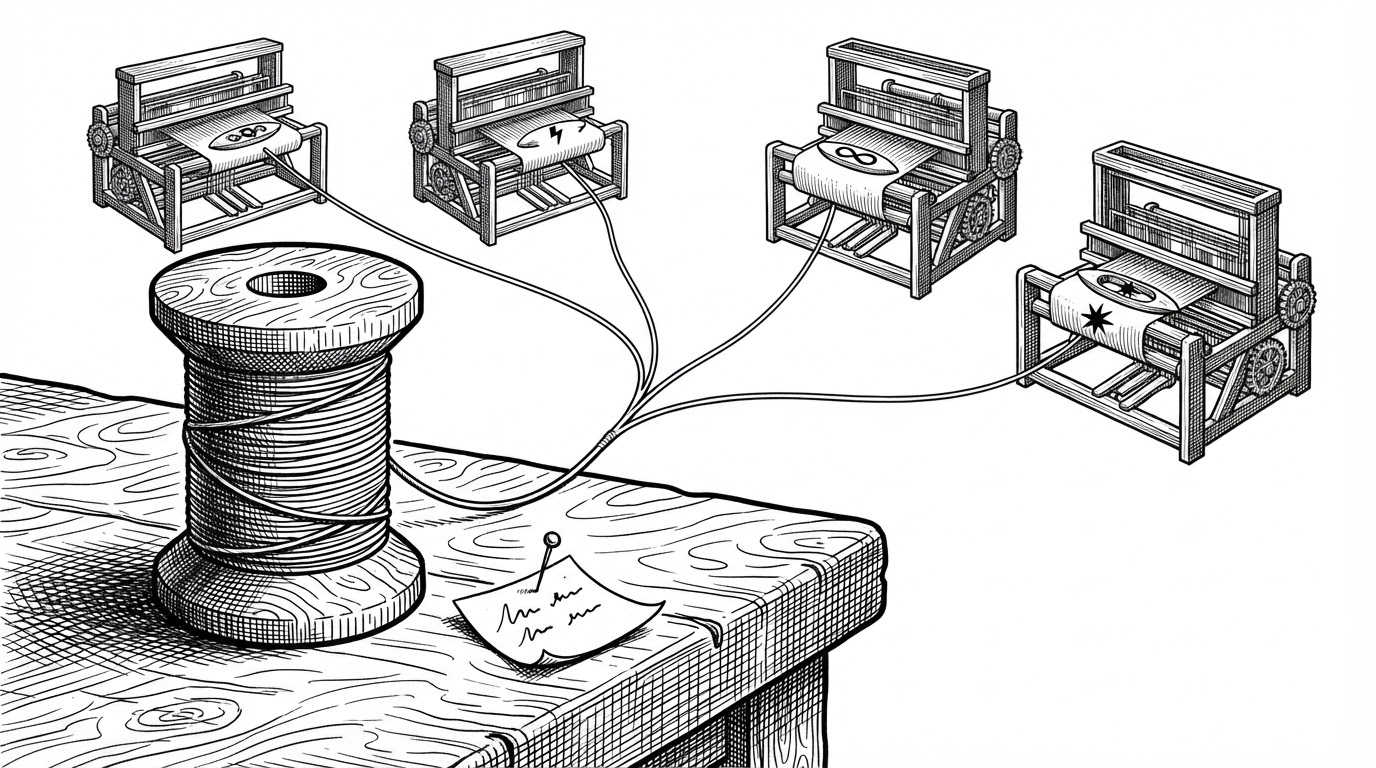 A close-up editorial engraving of a single wooden spool of thread on a workbench. One continuous thread leaves the spool and splits into four separate strands, each running to a different loom in the soft background. Each loom carries a small shuttle marked with a different symbol, and a paper tag is pinned to the spool with two short handwritten lines. The image stands for a single pins file fanning out to four packaging targets from one source of truth.