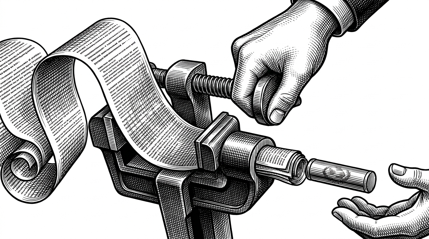 A close-up editorial scene shows a long scroll of transcript being squeezed through a narrowing metal vise and emerging as a small engraved token. The left side is crowded with lines, while the right side is a compact baton ready for the next stage. The image explains how compression turns noisy output into reusable memory and handoff material.