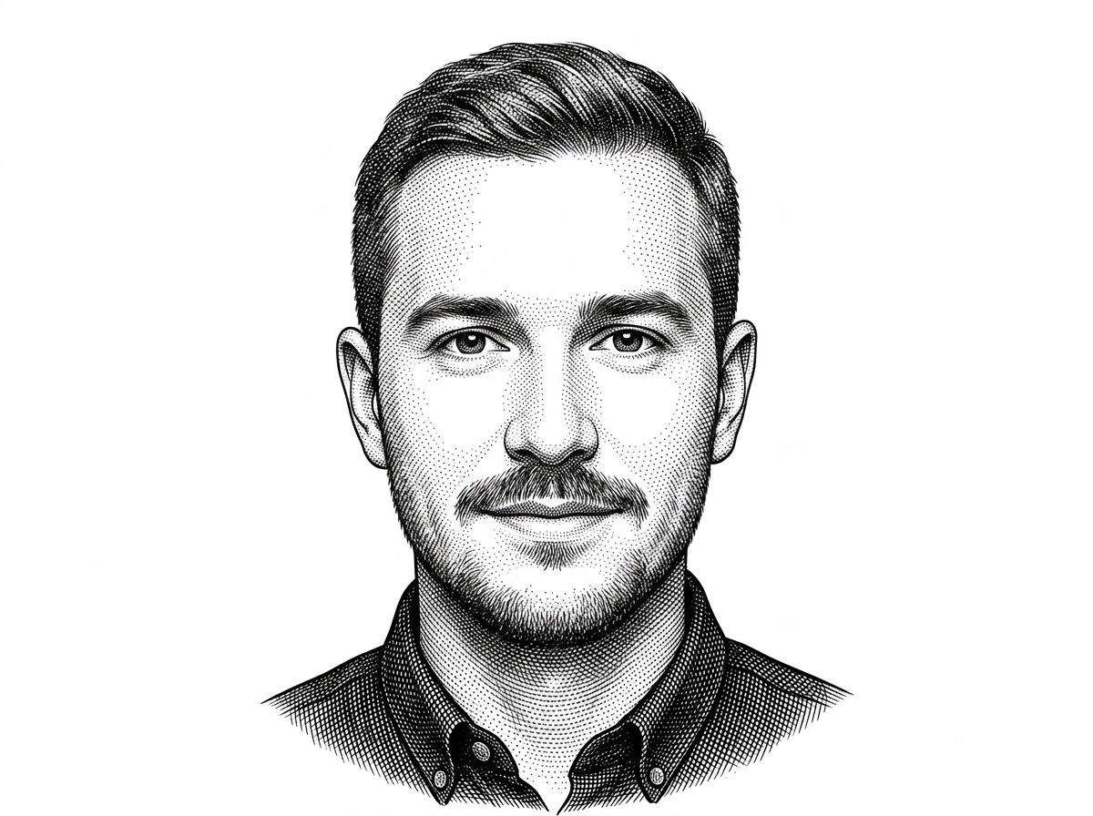 A WSJ-style hedcut portrait of the repository owner based on the verified GitHub avatar. The portrait places the face against a pure white background and uses dense stippling and hatching to preserve likeness while fitting the article's editorial style. It helps identify the builder behind the system without inventing a headshot.