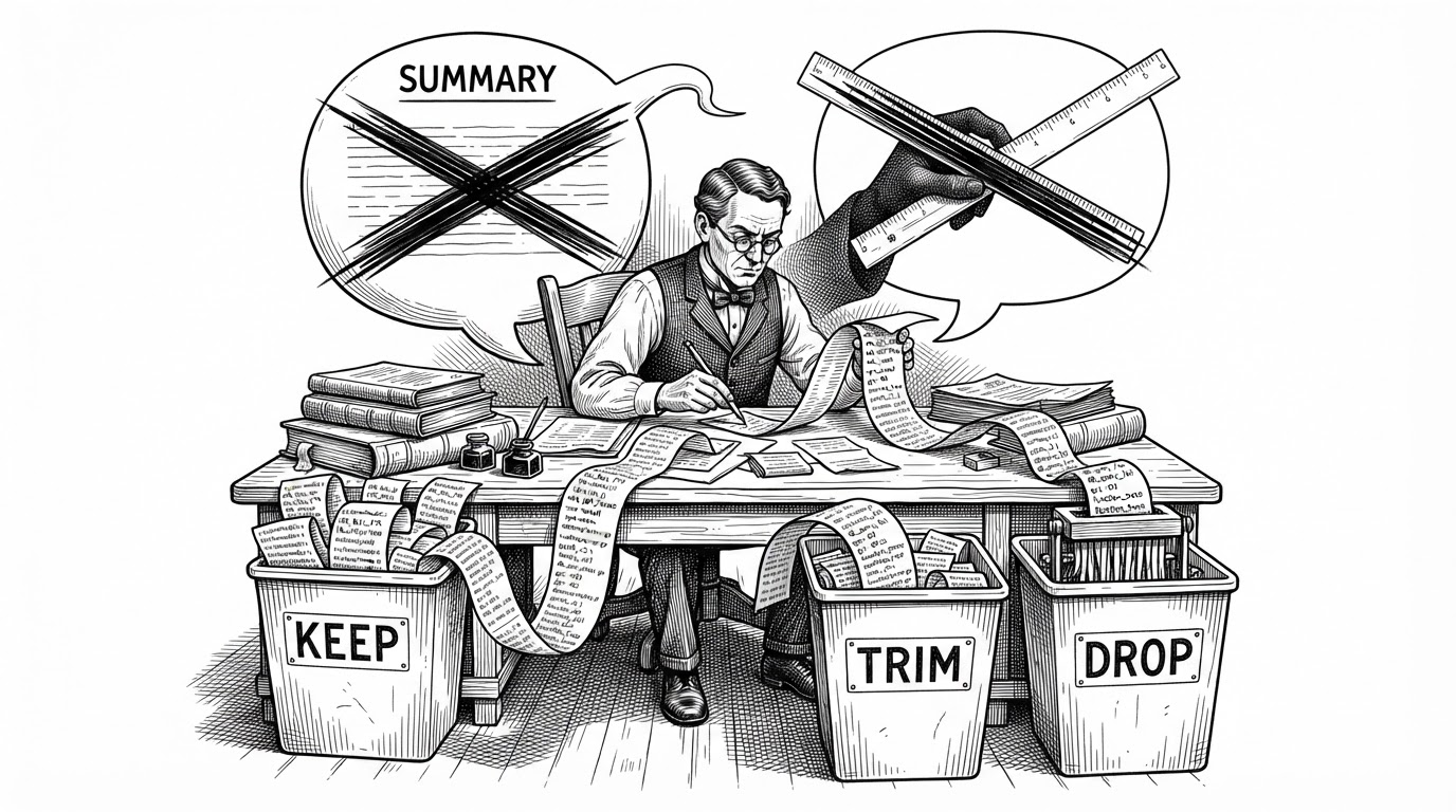 A clerk sorts a long ribbon of tool-call receipts into three bins while a large speech bubble labeled summary is crossed out in the background. The receipts contain tiny fragments of file paths, error codes, and shell commands, showing that the project keeps exact technical details only when they still matter.