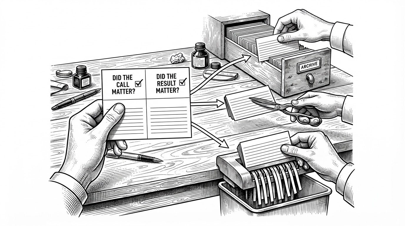 A close-up workbench scene shows two hands holding a split index card. The top half asks whether the call mattered, and the bottom half asks whether the result mattered. Nearby cards are filed verbatim, clipped to a short head, or shredded, making the decision process feel tactile and exact.