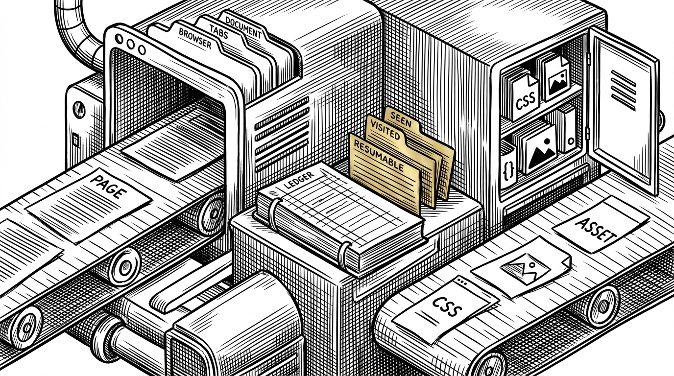 A mechanical frontier splits into two conveyor belts. One carries page jobs into a browser chamber, while the other sends asset jobs into a download locker. A ledger in the center tracks seen URLs, visited URLs, and resumable state. This explains how kage keeps page rendering responsive while still fetching everything needed for a faithful mirror.