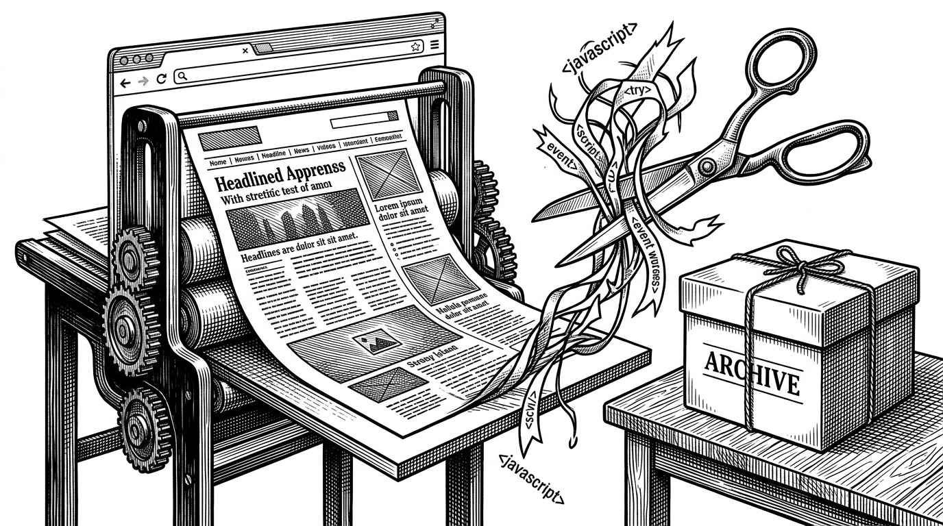 A browser prints a rendered webpage while scissors cut away a tangled ribbon of JavaScript tags and event wires. A sealed archive box sits beside the finished page, showing the idea of a site preserved as a static shadow after its runtime is removed. This explains kage's core paradox: it uses JavaScript to capture the page, then removes JavaScript so the copy can last.
