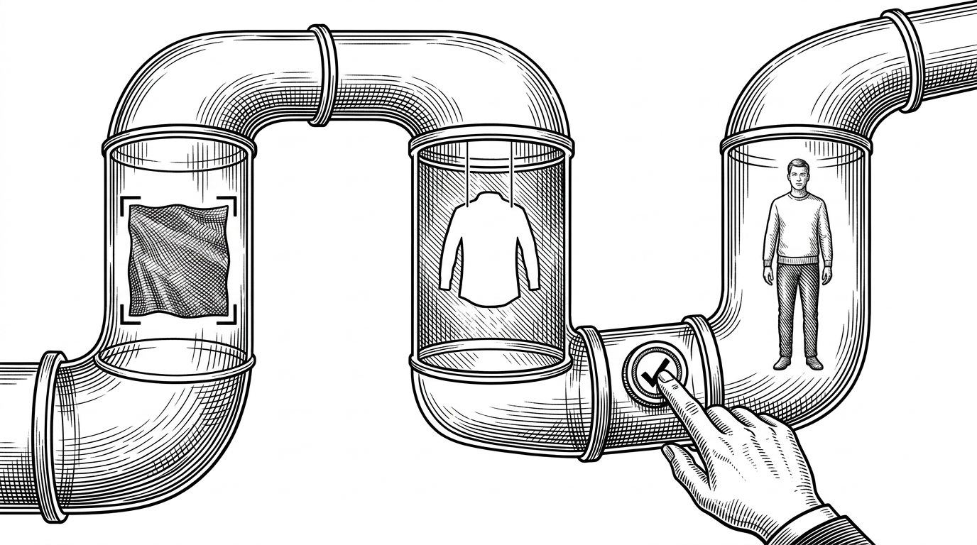 A single upload moves through three transparent chambers labeled crop, garment, and modeled. Each chamber saves an artifact to a local folder, and a reviewer hand approves progression between stages. The image explains the job state machine and its human-in-the-loop checkpoints.