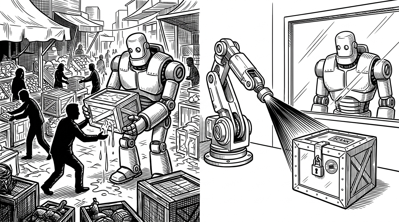 A mechanical golem passing a crate through a secure scanning checkpoint.