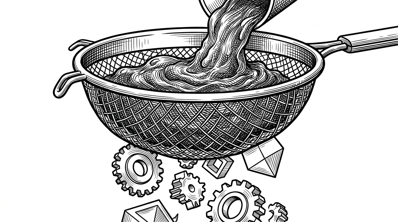 A close-up of a heavy industrial sieve catching amorphous sludge while letting perfect geometric shapes fall through.