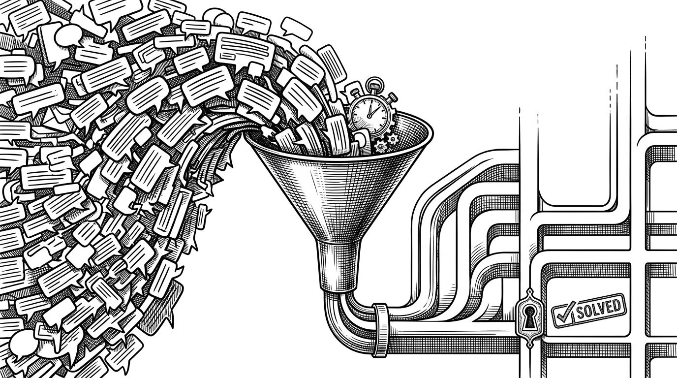 A noisy stream of general chat is redirected into a help forum by a calm traffic-control device, while one thread receives a solved marker. The image explains how the bot preserves signal by steering questions into structured support and marking completed discussions clearly.