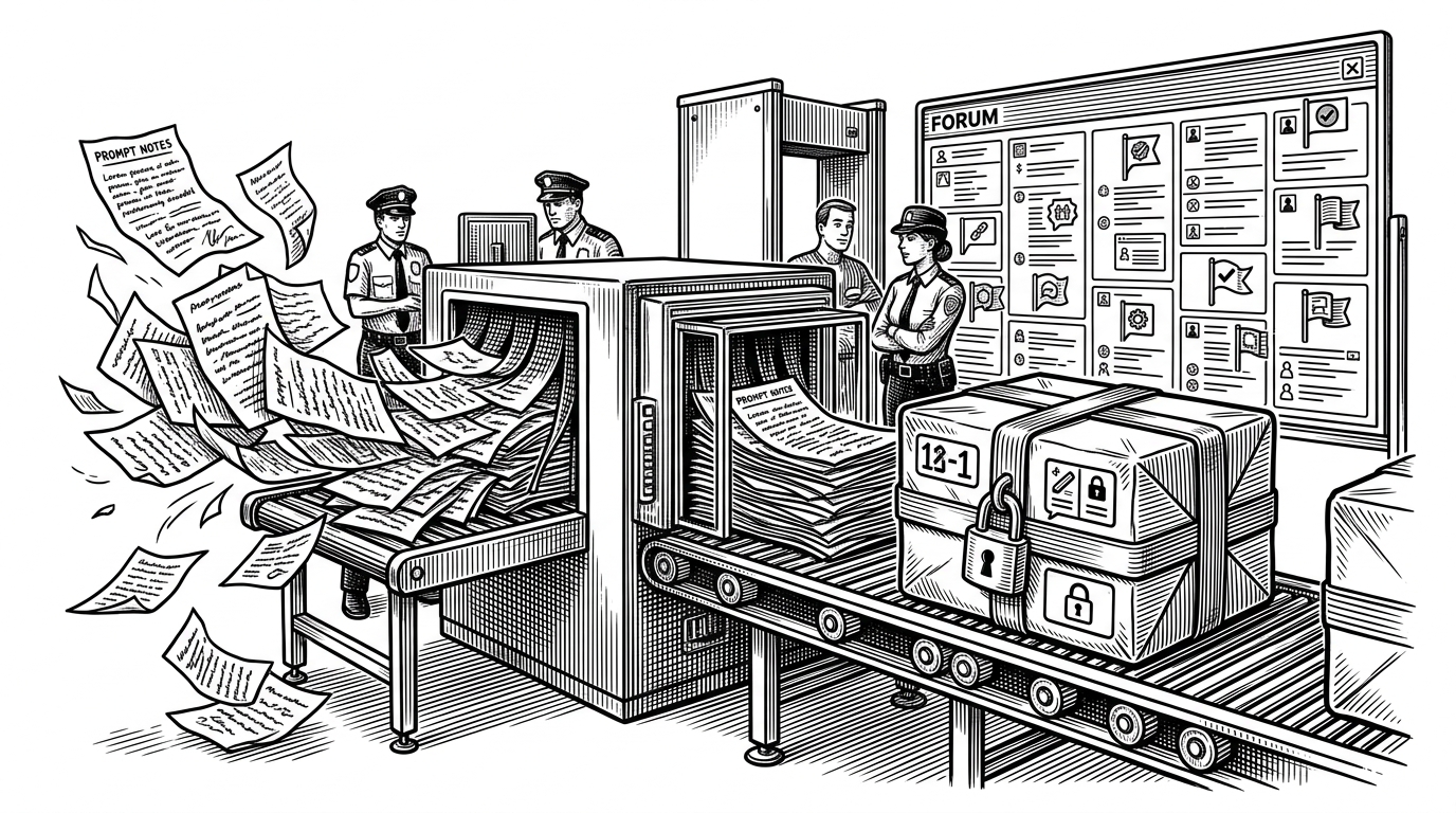 A loose stack of prompt notes is stopped at a security checkpoint and then turned into a sealed package headed toward a Discord-style forum board. The scene explains the article's core idea: the real product is not the bot, but the trust wrapper around the skill that builds and runs it.