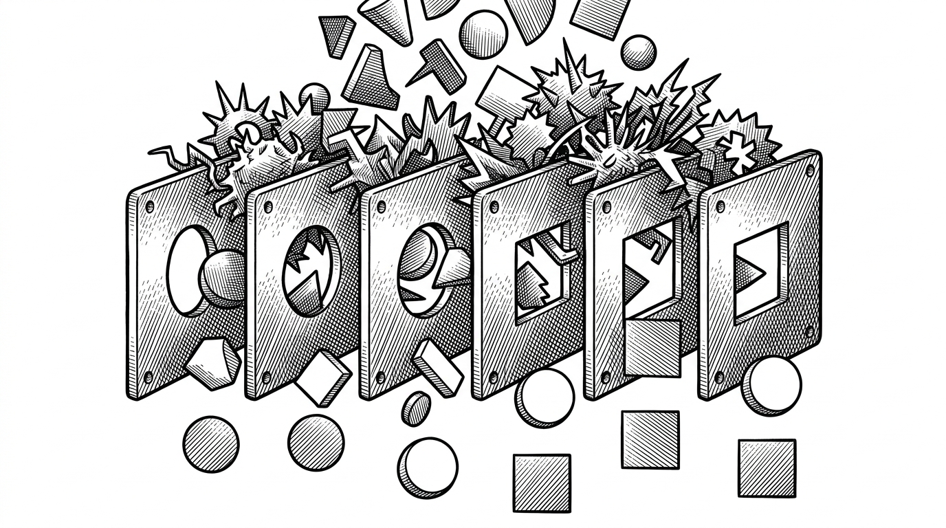 A series of metal plates with geometric cutouts acting as a sieve for different shaped code blocks, catching the spiky malicious shapes.