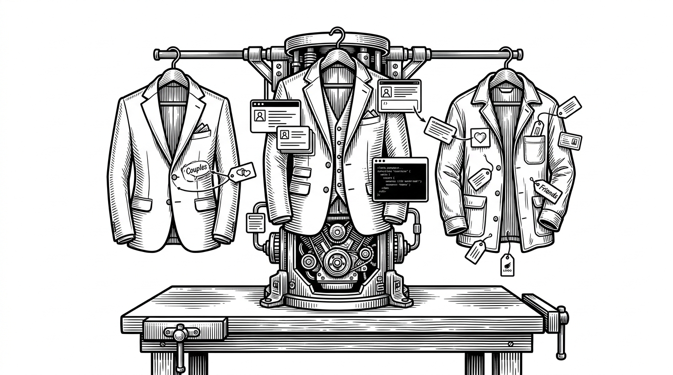 A medium editorial illustration of one central machine wearing three different jackets for Couples, Family, and Friends. The same core engine feeds all three versions, but the labels and surfaces change to match each social context. It explains how SharedMoments reuses one codebase while presenting different experiences.