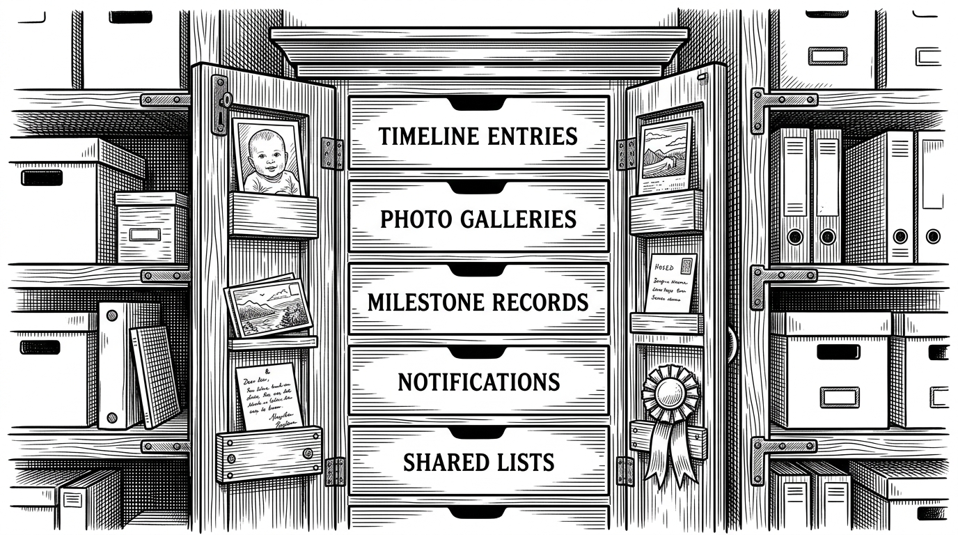 A wide editorial illustration of a home-sized memory vault with drawers for timelines, galleries, milestones, and shared lists, each compartment protected by visible locks and connected shelves. It explains that SharedMoments treats private social life as durable infrastructure rather than disposable content.