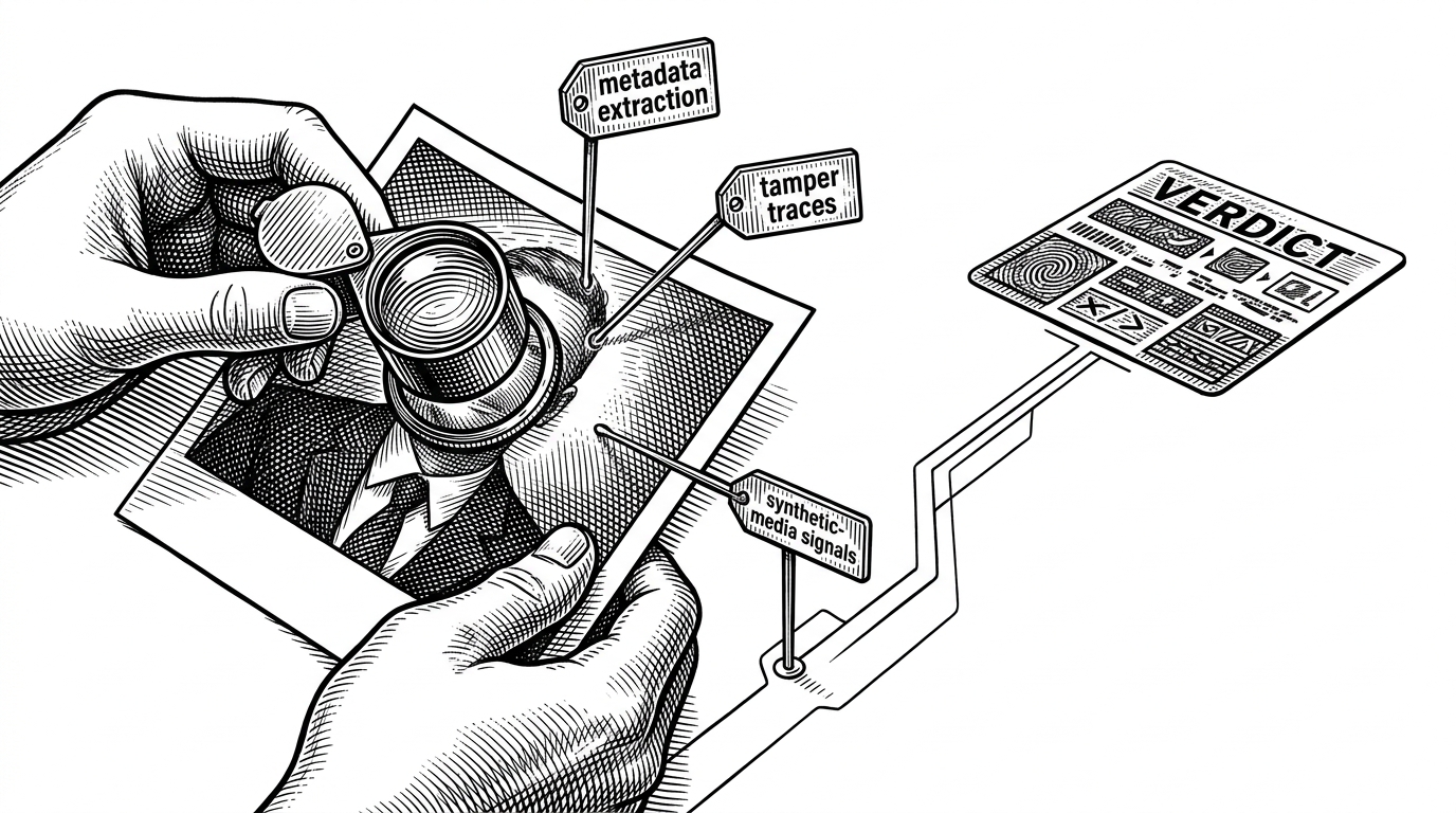 A close-up forensic bench where a photograph is inspected under a loupe while small evidence tags point to metadata, tamper traces, and synthetic-media signals. The image explains that the toolkit is built for verification first, because modern OSINT has to test authenticity before it can interpret meaning.