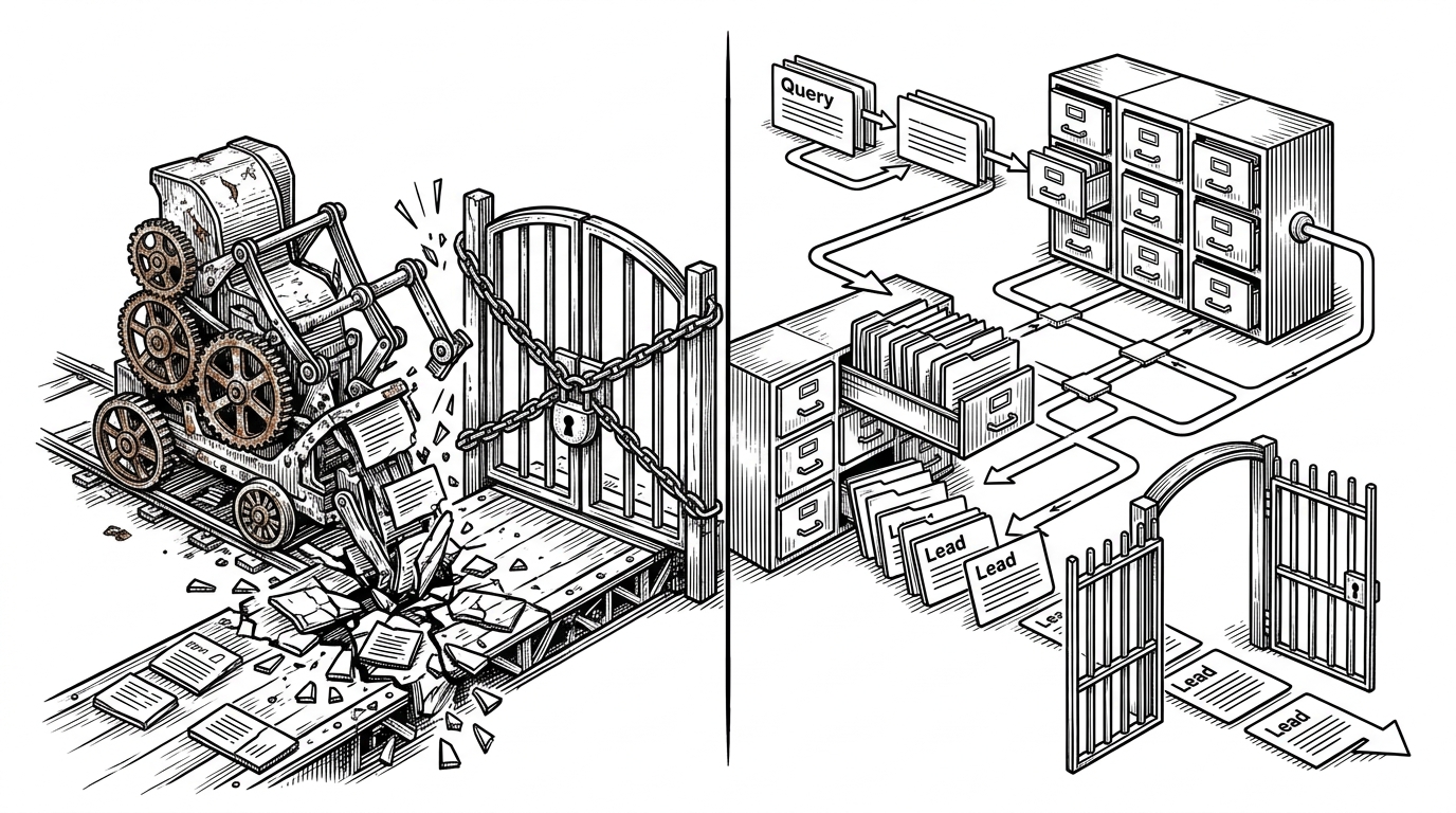 A split scene shows a jammed scraping machine on one side and an open search workflow on the other. It explains why indirect search can be more durable than direct platform collection when access changes underneath the tool.