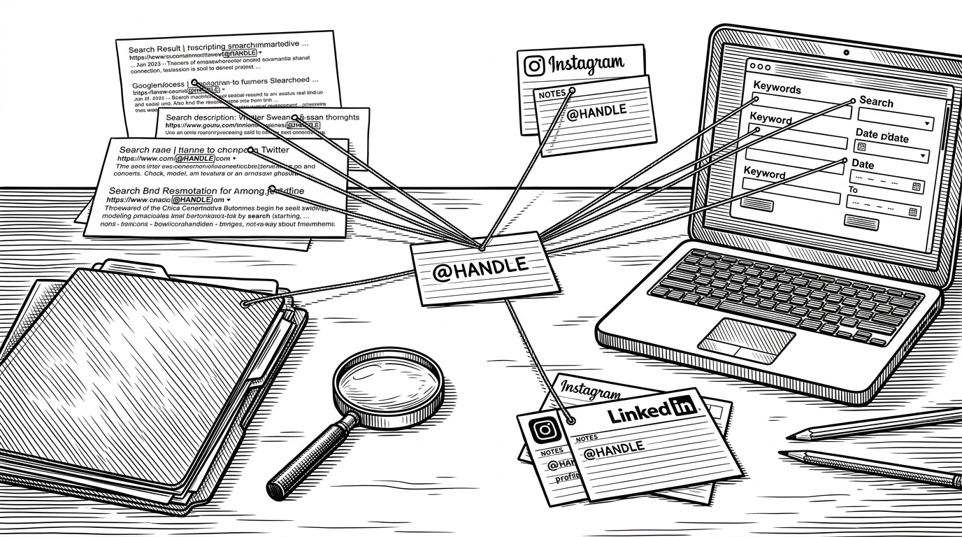 A detective-style desk scene with a Twitter handle on a card at the center, surrounded by printed search results, query templates, and index cards for other platforms. It explains the project’s core move: using <span class=