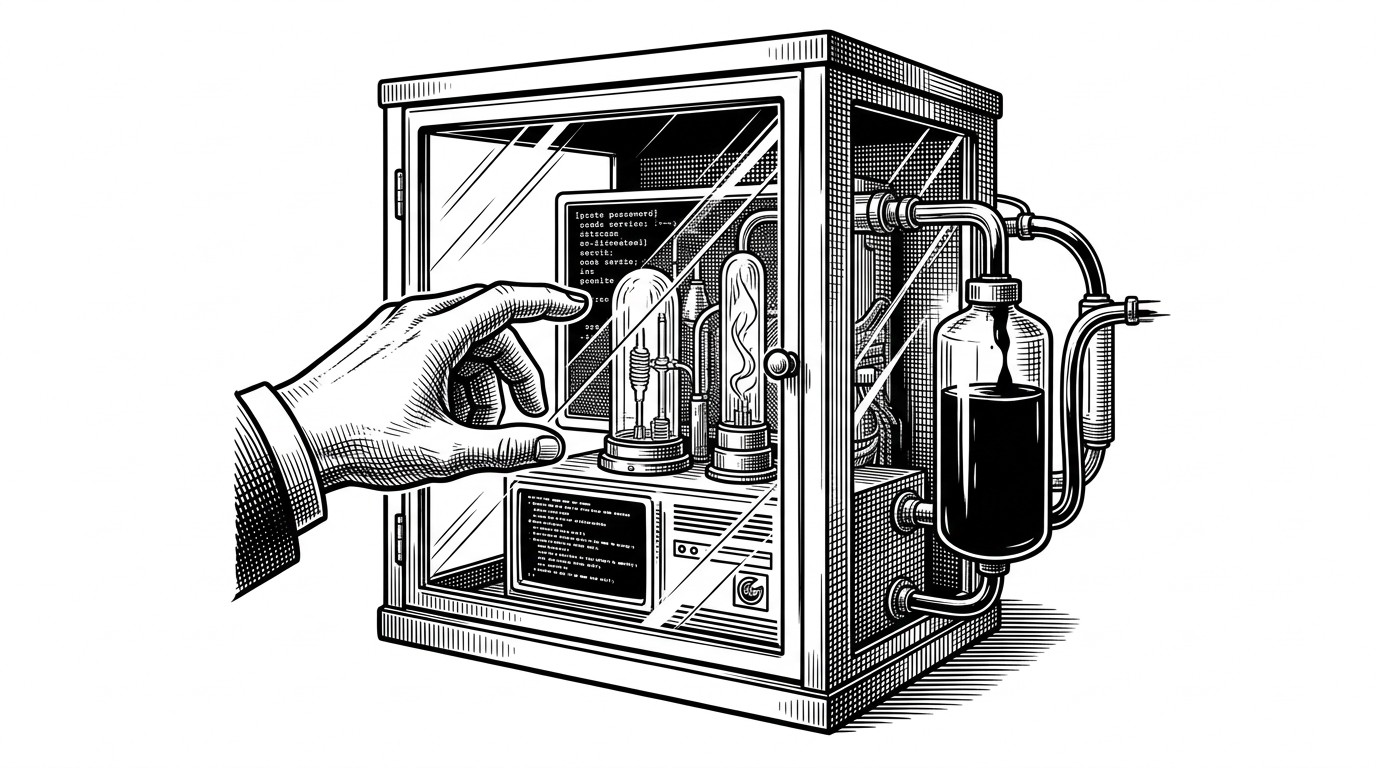 A sealed glass cabinet contains a running honeypot service, with an attacker hand reaching in from one side and a hard transparent barrier labeled read-only blocking filesystem changes. A side tank collects redirected writes and downloads, showing that interaction is allowed while persistence is denied. The image explains how T-Pot keeps the service usable without giving the attacker a writable container.