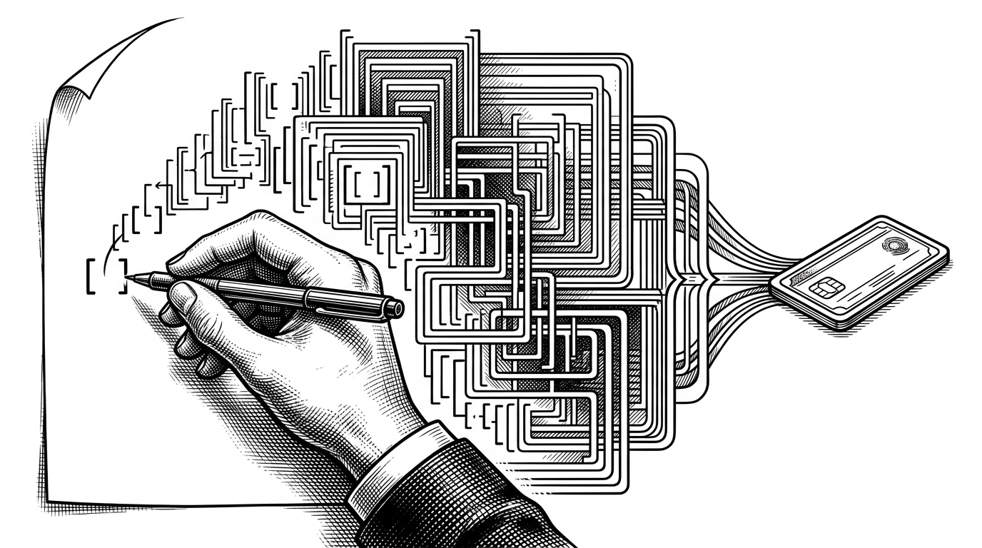 A close-up hand draws one small request token that expands into nested bracketed arrays, then collapses into a clean output card on the other side. The image explains how the repo translates ugly internal request shapes into usable artifacts, showing the gap between developer intent and Google’s RPC format.