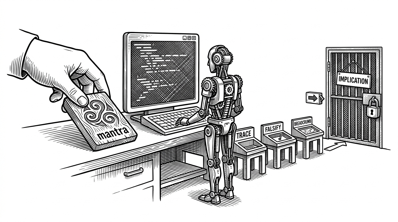 A ritual workspace where a carved mantra tablet is placed beside a terminal, while a mechanical assistant stands before a sequence of four stations. The scene explains that the repo installs procedure before it allows solution-seeking.