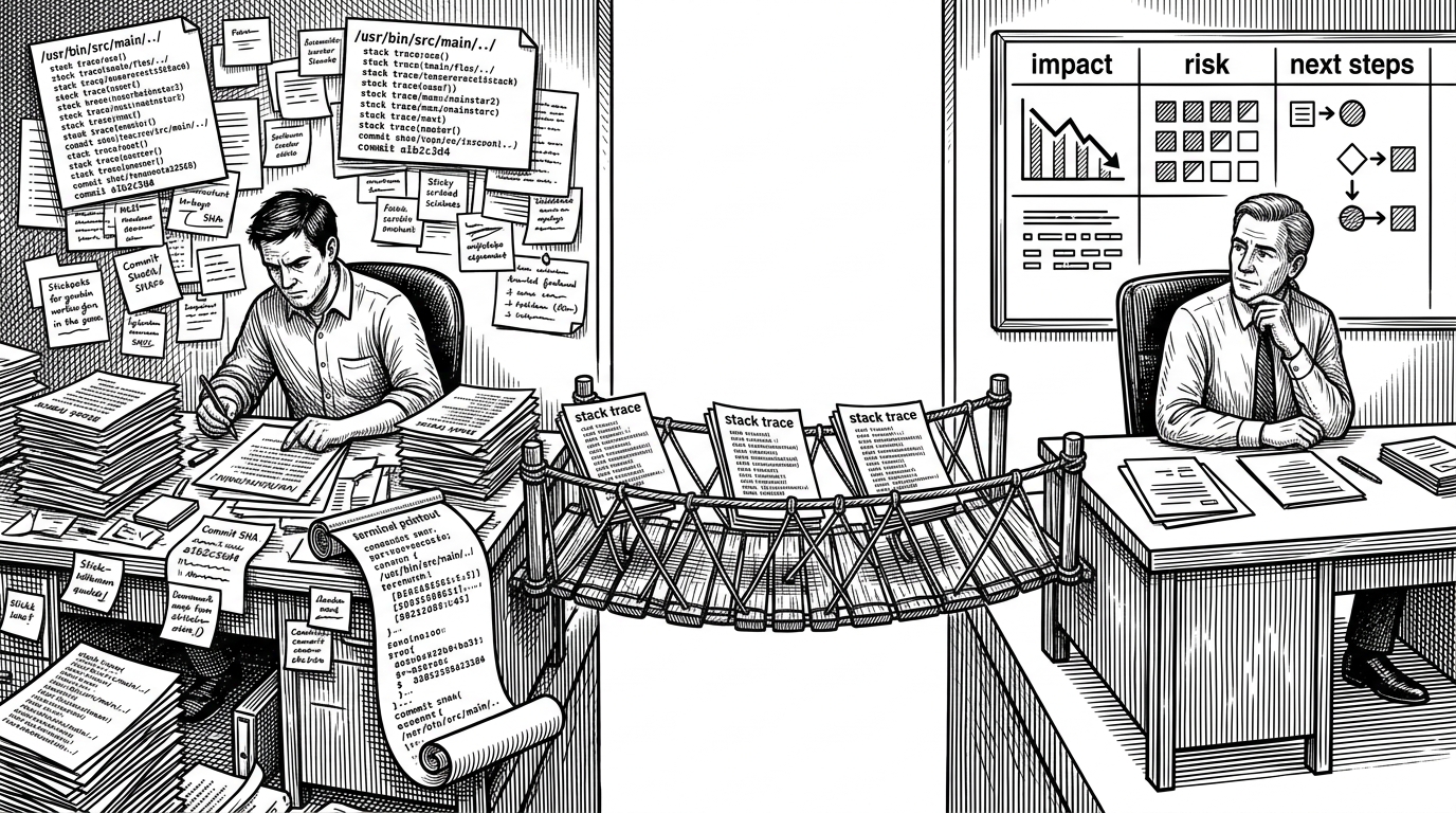Two adjacent desks are connected by a narrow bridge carrying the same facts from one side to the other. One desk is covered in stack traces, file paths, and SHAs, while the other is organized around impact, risk, and next steps. The image explains the repo’s translation layer between engineering truth and management language.