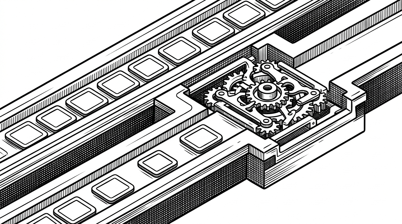 A close-up of two parallel lanes feeding a single processing tile. One lane carries padded blank tokens, the other carries delayed tokens, and both arrive one tick apart before combining in a multiply-accumulate cell. The image explains why timing gaps and :empty placeholders are core to the model.