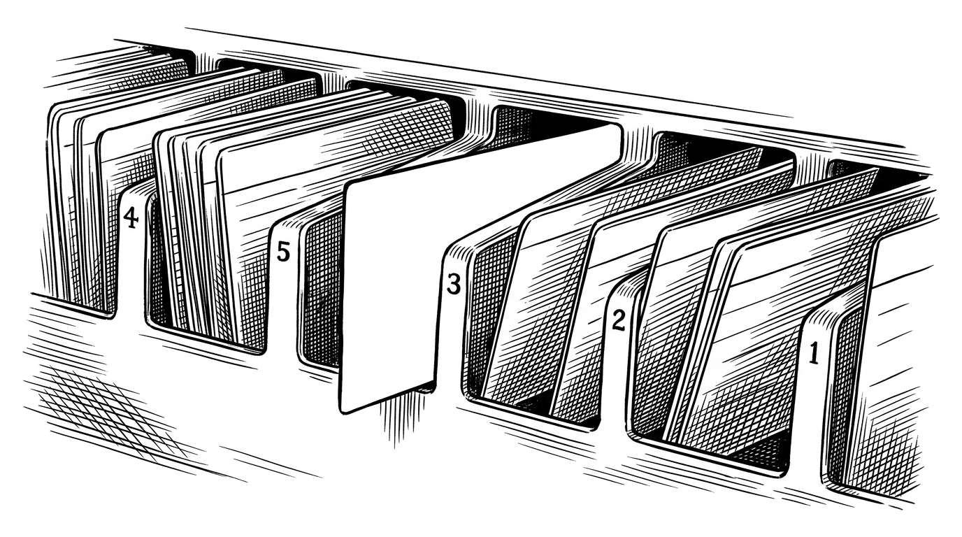 A row of student record cards inside numbered slots, with one card pulled out from the middle and the cards to the right sliding one position left. The image explains that deletion in a fixed array is not removal in place, it is compaction.