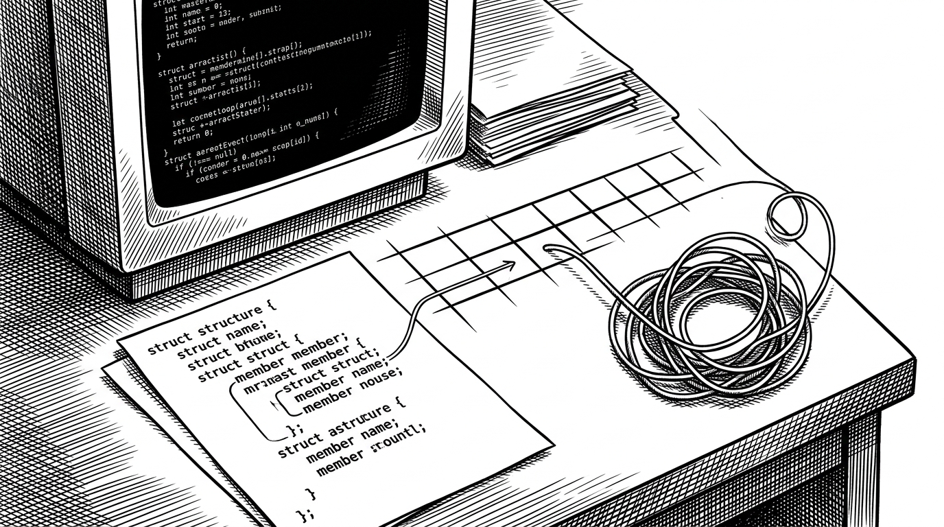 A desk with a C terminal on one side and a printed struct definition on the other, linked by a looping arrow that circles back on itself. The image explains how the data model and the control flow are tied together in one small state system.