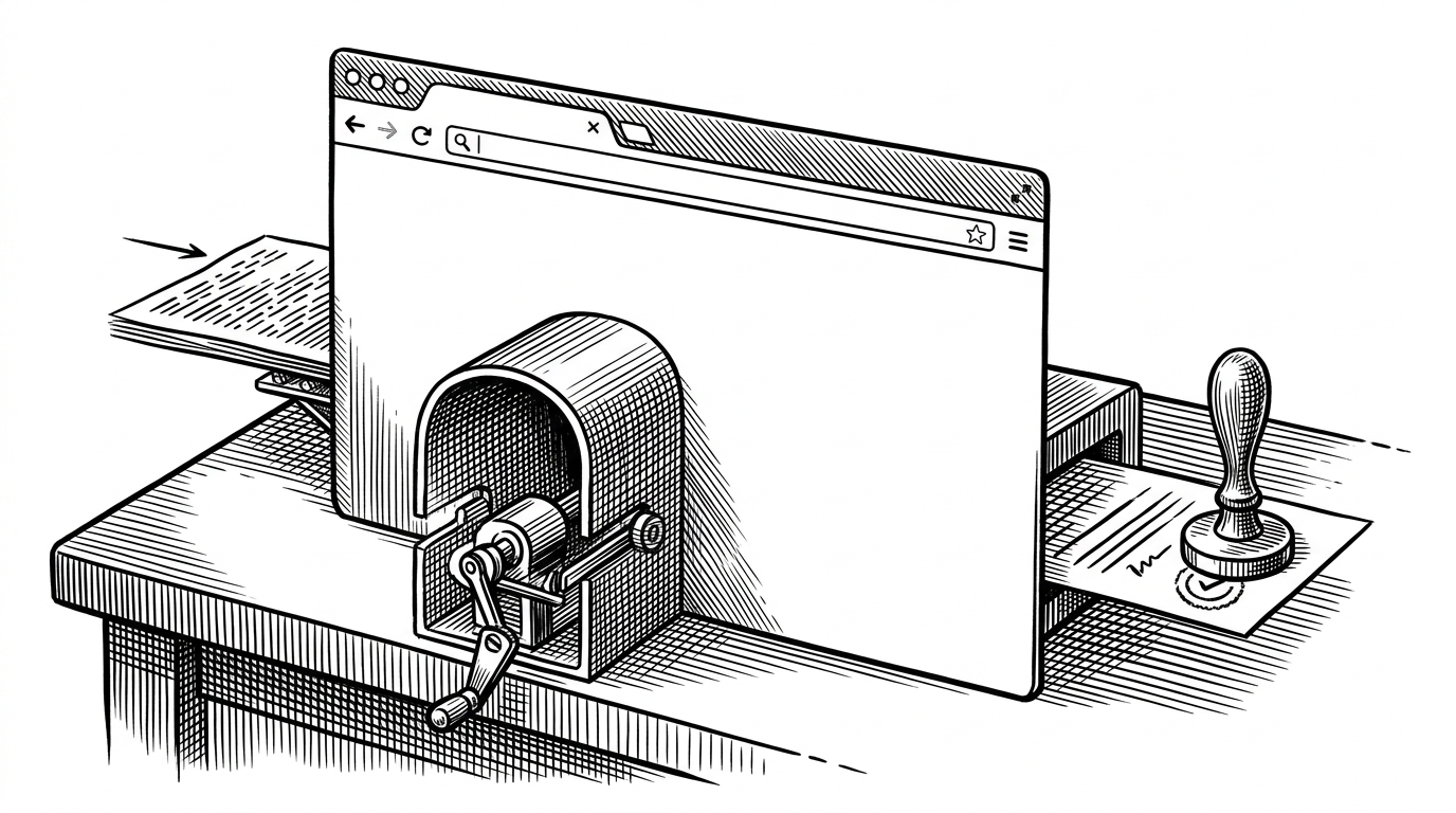 A close-up of a browser window that routes a raw sample through a worker thread before it becomes a stored contribution. The illustration explains that validation happens near the user, which reduces server load and keeps the intake gate responsive.