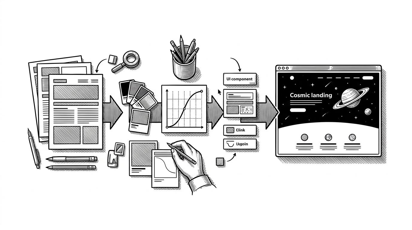 A workbench scene where design swatches, motion curves, layout blocks, and component pieces feed into a polished cosmic page. It explains how the interface feels assembled from a disciplined design system rather than improvised on top of HTML.