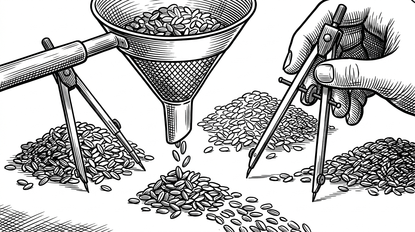 A close-up view of mixed grains being separated into balanced piles with a divider, then funneled through a small filter that removes debris before the clean material moves forward. The image explains why sampling and preprocessing are separate jobs in a machine learning workflow.