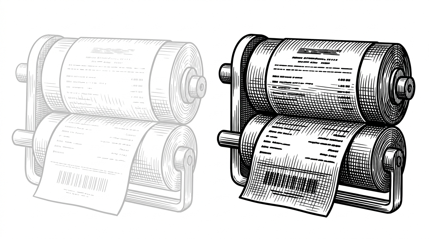 A faint receipt is pressed through a mechanical contrast roller and emerges with crisp black text and stronger edges. The scene explains that the extension improves legibility before OCR, which raises recognition quality without changing the source page.
