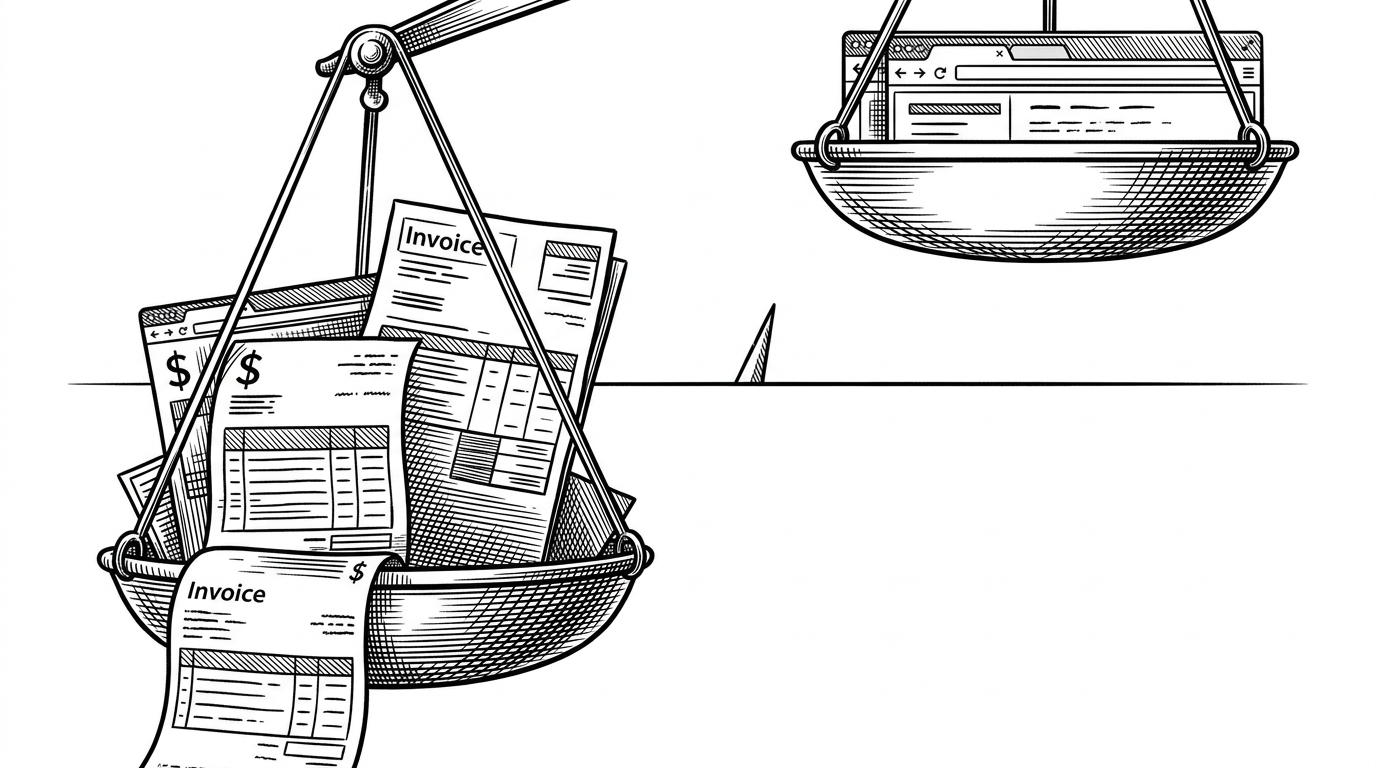A close-up weighted scale made from browser UI fragments leans toward a receipt-like side filled with currency symbols, table rows, and dense page blocks. The illustration explains that the extension scores multiple signals before it commits to OCR.