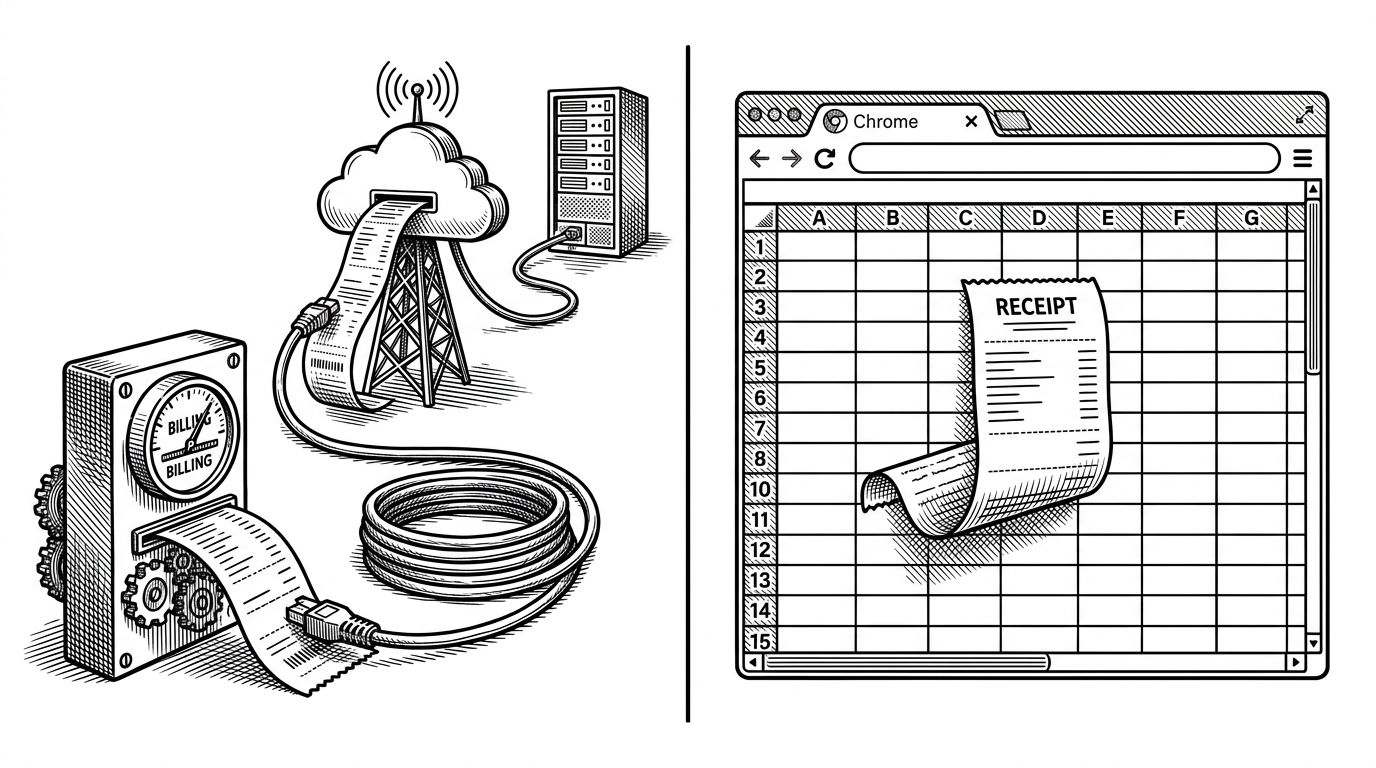 A receipt is shown taking two different routes. On one side it passes through a remote cloud tower with a network cable and billing meter, and on the other it stays inside a Chrome sandbox and lands directly in a spreadsheet grid. The image explains the tradeoff between vendor dependence and browser-local control.