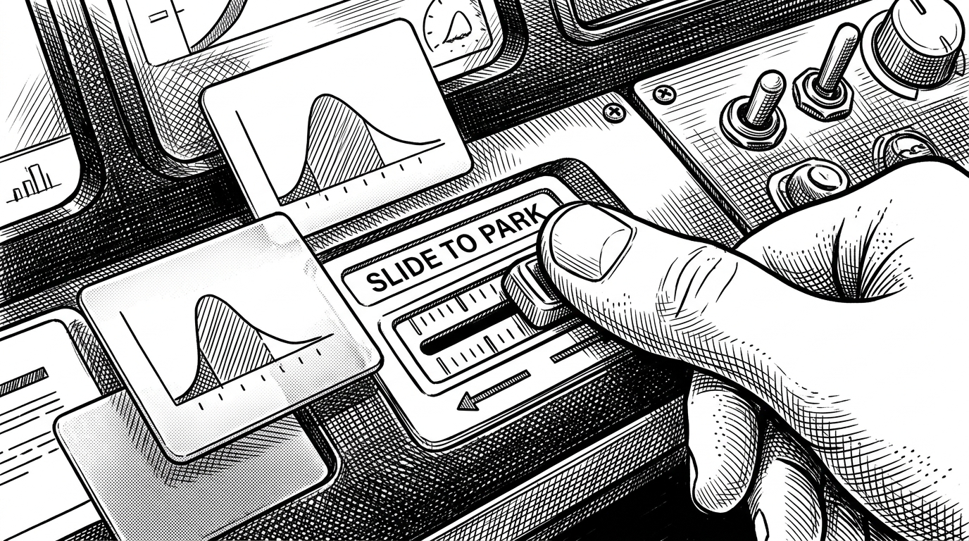 A tight in-car dashboard view shows frosted information cards, a compact probability chart, and a thumb hovering over a slide control. The layout feels more like an instrument panel than a consumer app, which explains how SPOTTO turns uncertainty into a fast driving decision.