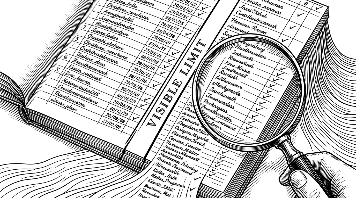 A close-up ledger of contributor names ends at the visible page edge, while more names continue beyond the margin like a catalog that refuses to fit on one sheet. The illustration explains why the hidden contributor total matters more than the first page of GitHub's default view.